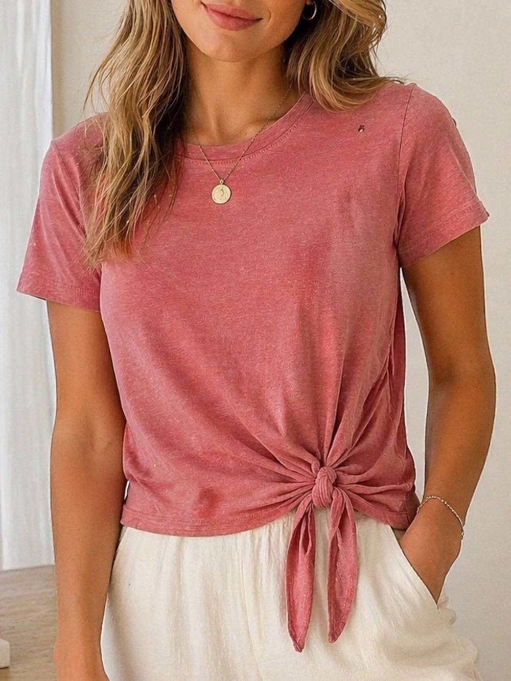 NWT Caslon Pink Tie Front Top XS Cotton Blend Soft Minimal Chic